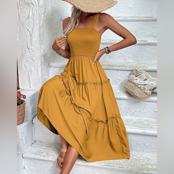 boho shirred bust Frill Trim tiered Cami midi Dress square neck - Picture 7 of 9